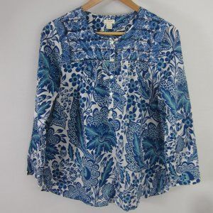 J Crew Womens S Blue White LS Peasant Boho Top Embroidered Floral Cotton Small